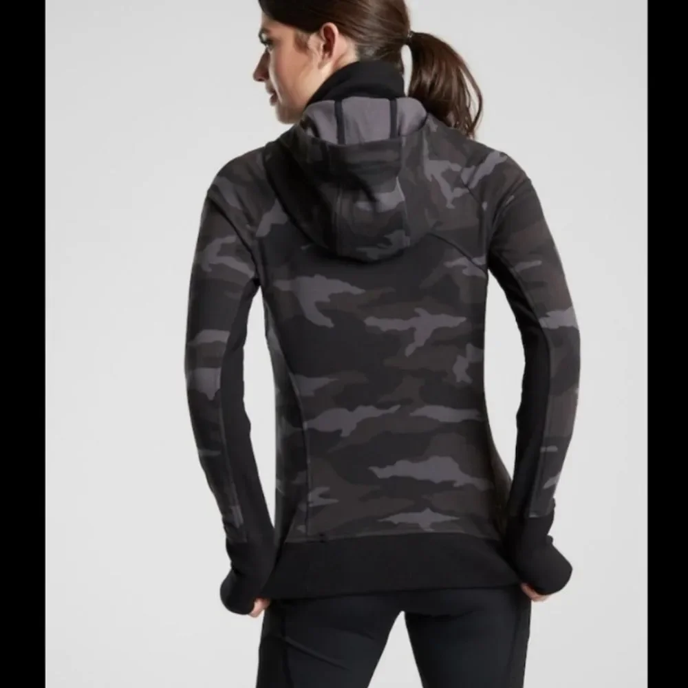 Athleta Triumph full zip black & gray camo hoodie warm up jacket, L - Picture 5 of 11